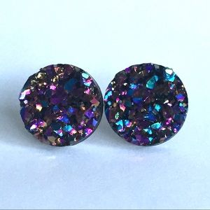 Druzy Large Iridescent Purple Round Stud Earrings